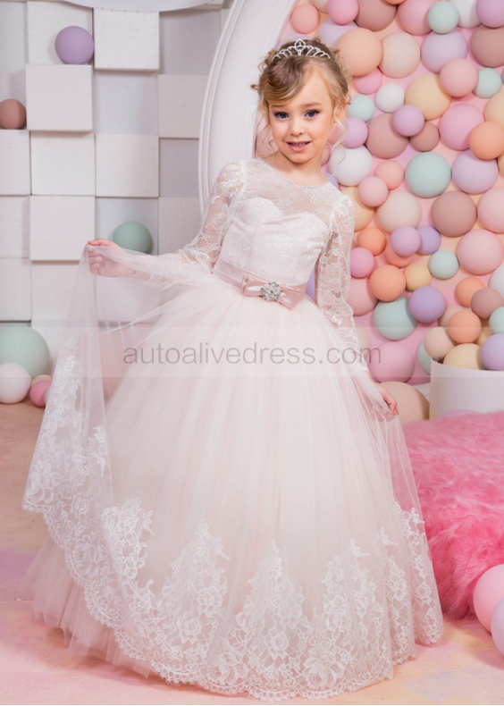 Ivory And Blush Pink Lace Tulle V Back Beaded Flower Girl Dress